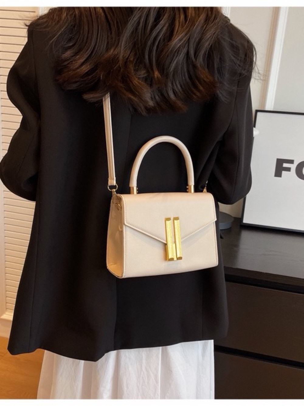 Cream Top-Handle Crossbody Bag with Gold Hardware